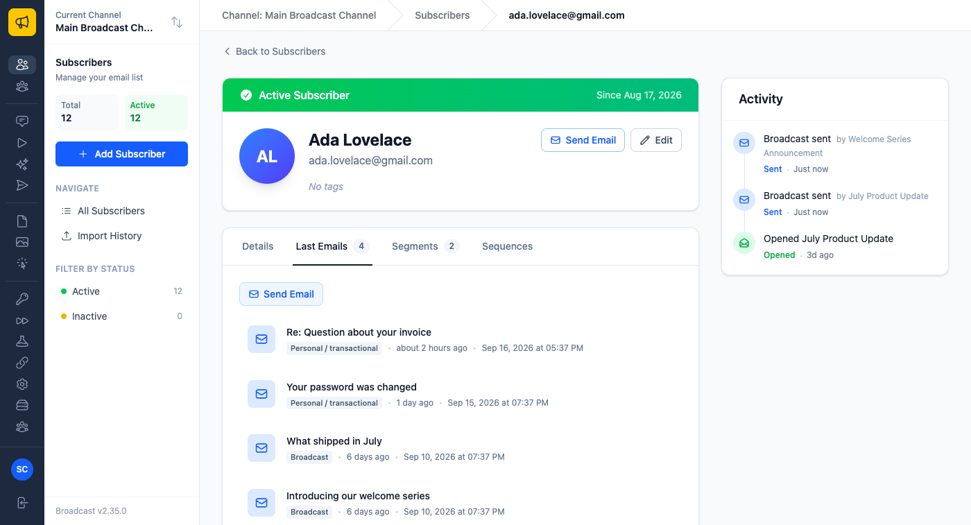 A subscriber page with the Last Emails tab open, listing two personal or transactional emails and two broadcasts, each with a label and send time