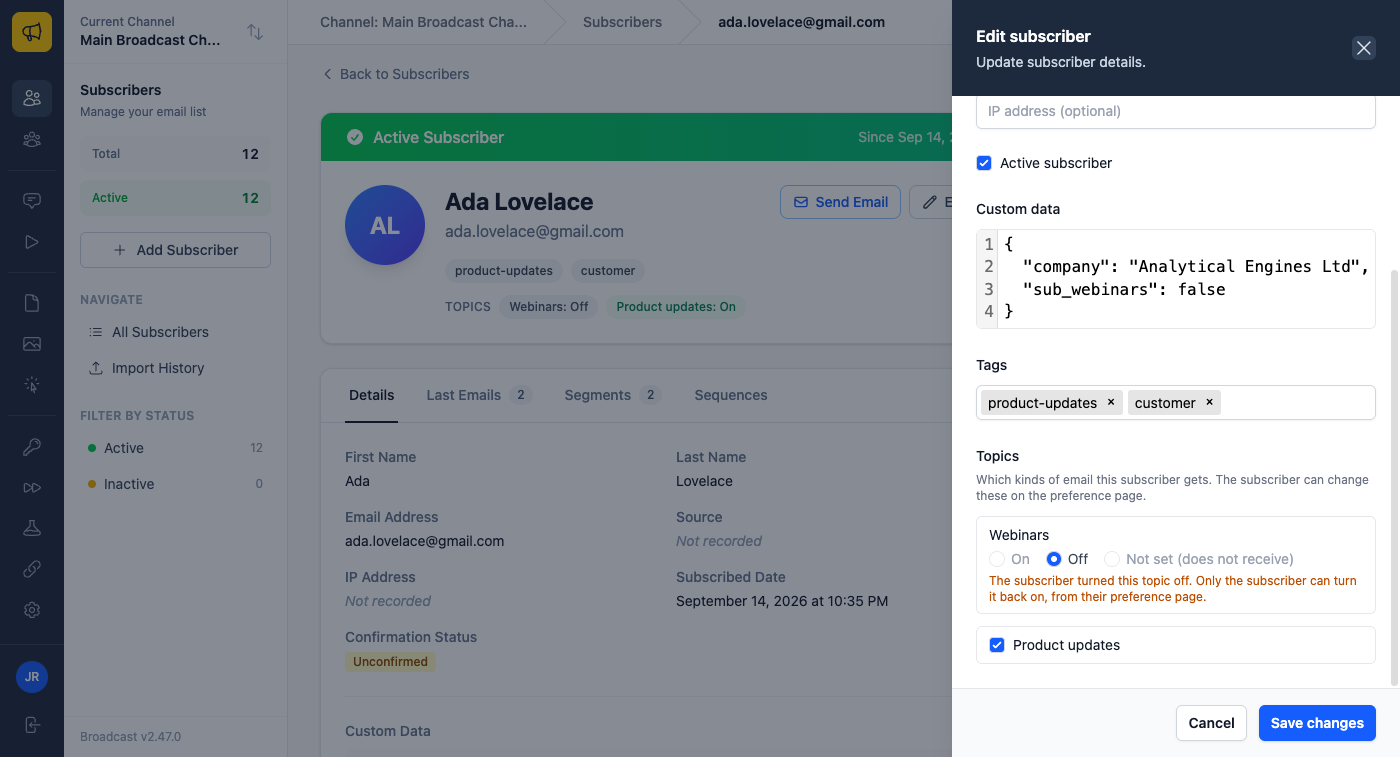The Edit subscriber panel on Ada Lovelace's profile, scrolled to Topics: Webinars is set to Off with On and Not set greyed out and an amber note that only the subscriber can turn it back on, from their preference page; Product updates is a ticked checkbox