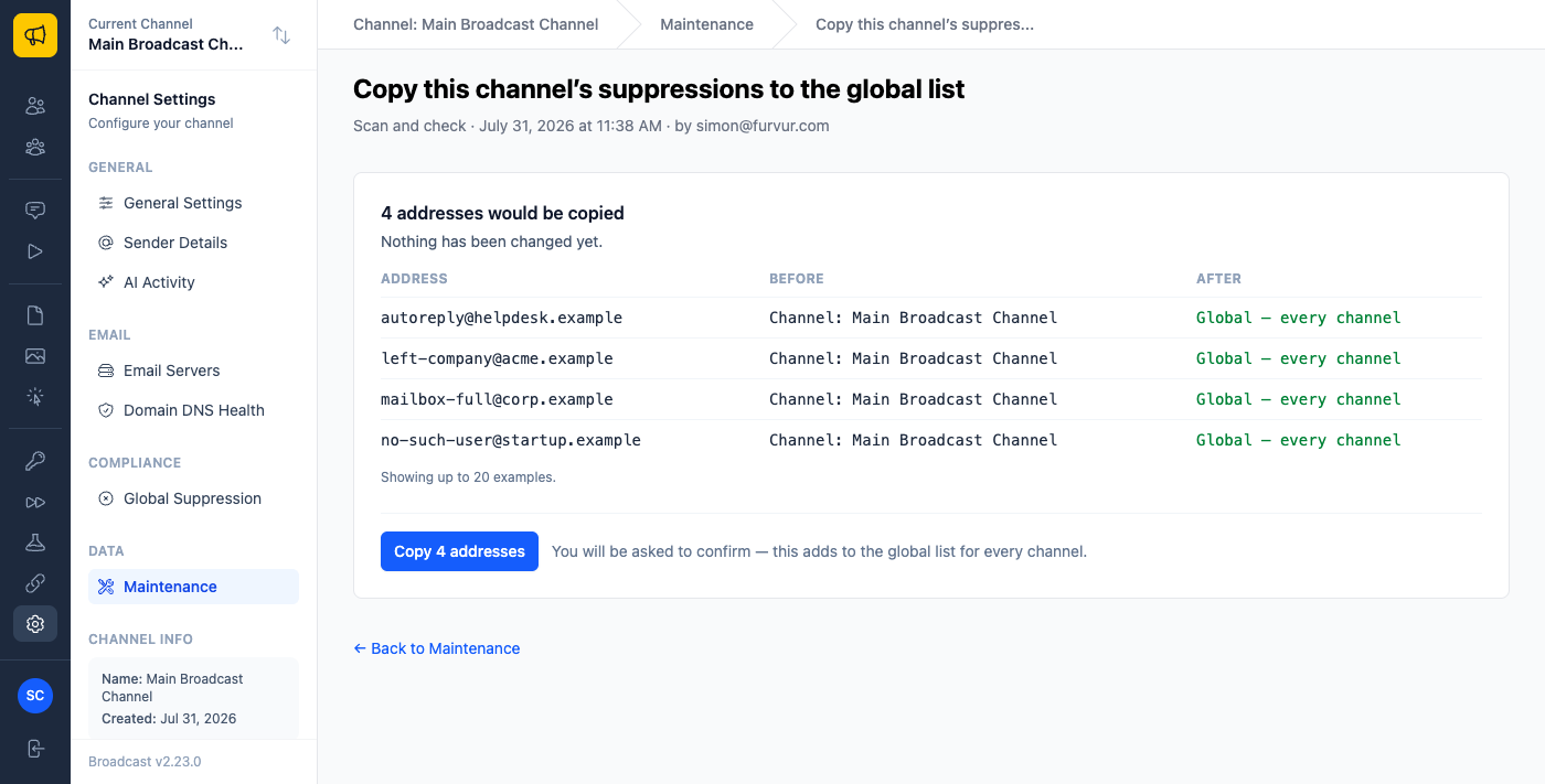 The scan report showing four addresses that would be copied, each moving from Channel to Global — every channel
