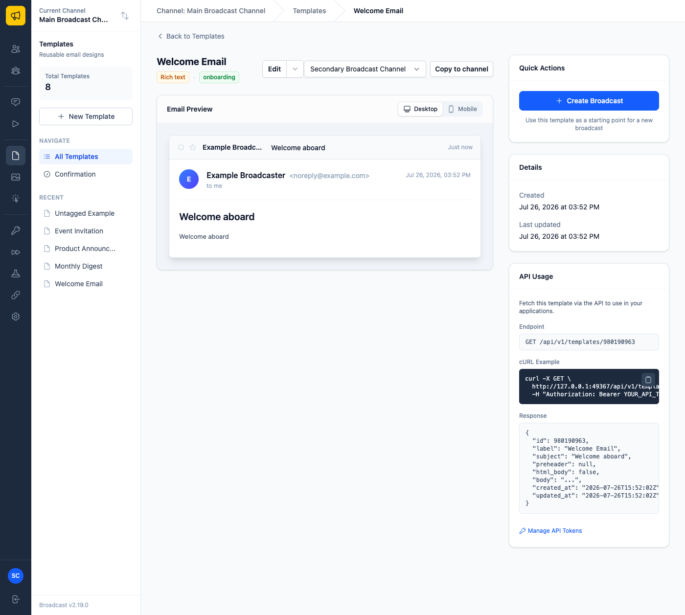 A template page with a Copy to channel control for choosing a destination channel