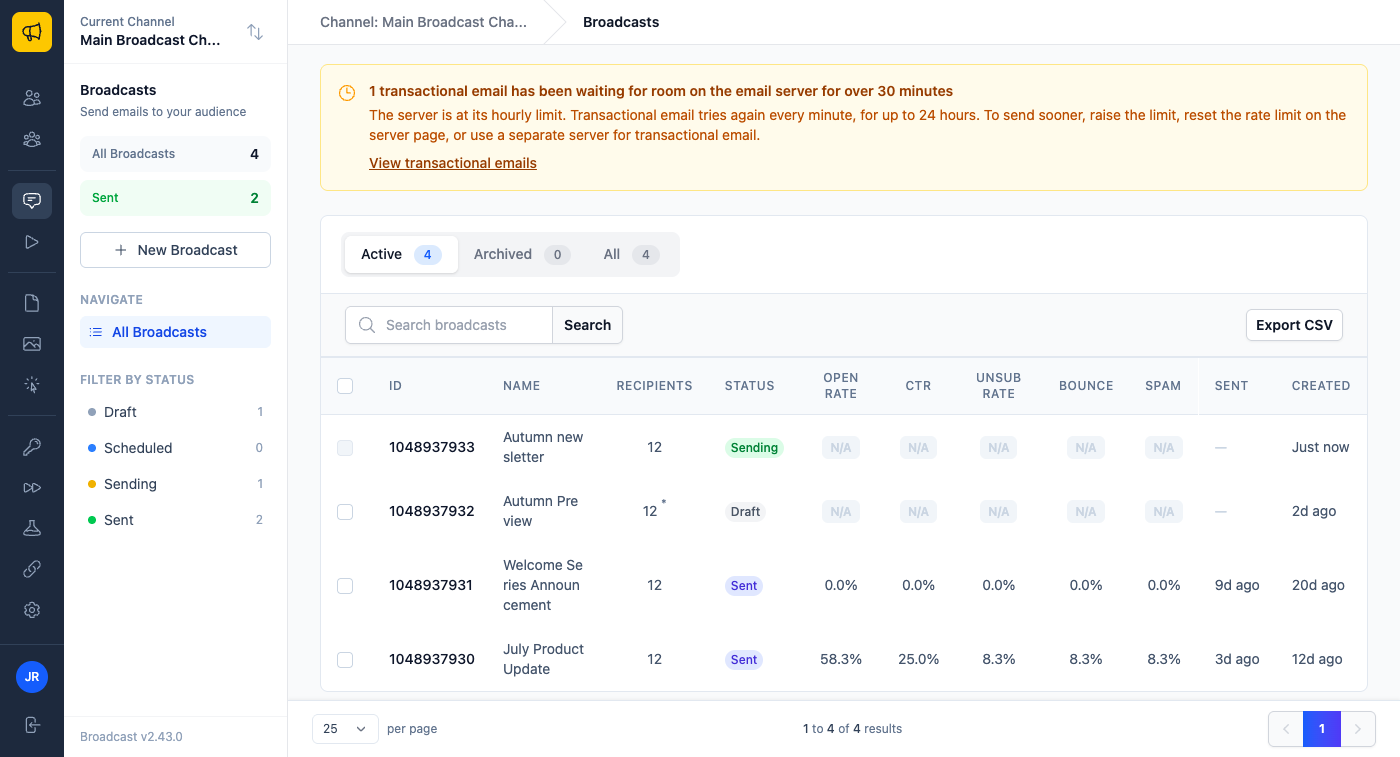 An amber notice at the top of the Broadcasts page: 1 transactional email has been waiting for room on the email server for over 30 minutes, with advice to raise the limit, reset the rate limit, or use a separate server for transactional email, and a link to view transactional emails.