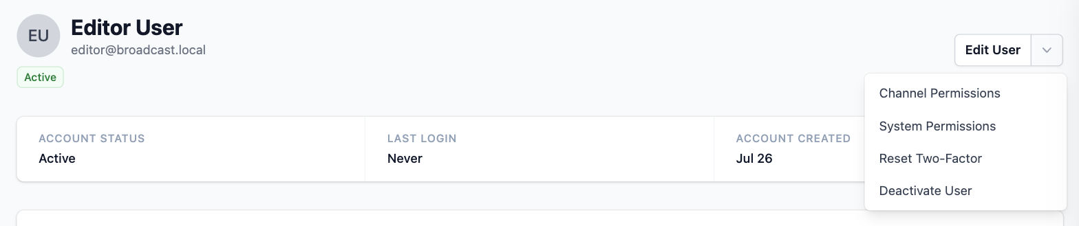 A user page under Users with the actions menu open, showing Reset Two-Factor