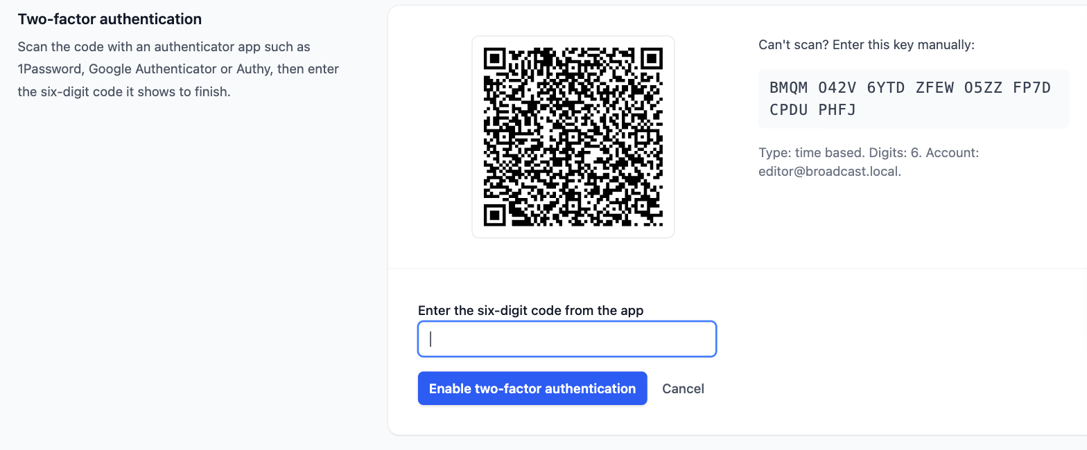 The enrolment page showing a QR code, the manual entry key, and a field for the six-digit code