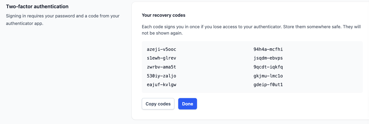 Ten recovery codes shown once after enrolment, with buttons to copy them or finish