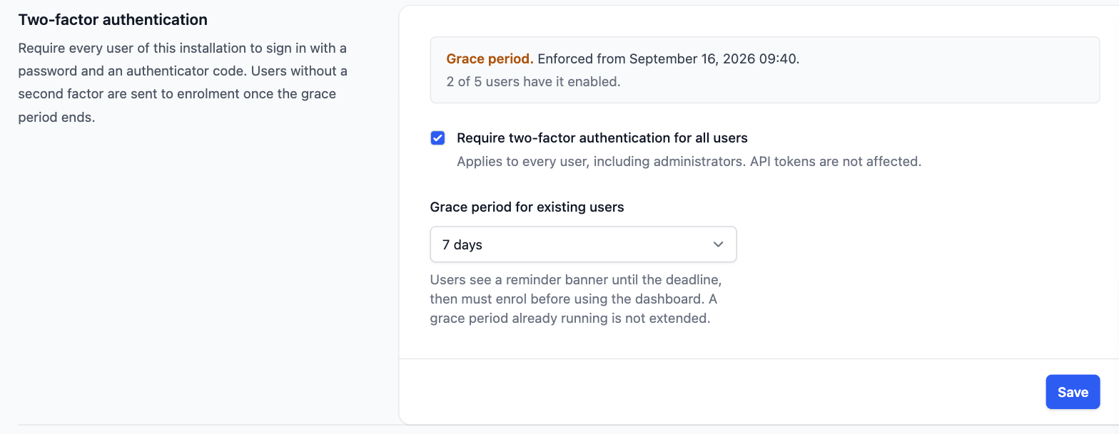 The Security settings with two-factor required, a seven day grace period selected, and the enforcement date shown