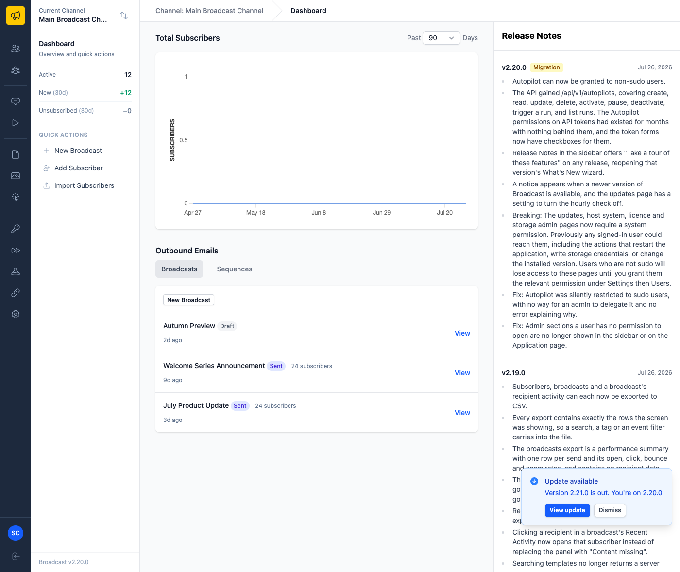 A notice in the lower right of the dashboard reading "Update available — Version 2.21.0 is out. You are on 2.20.0", with View update and Dismiss buttons