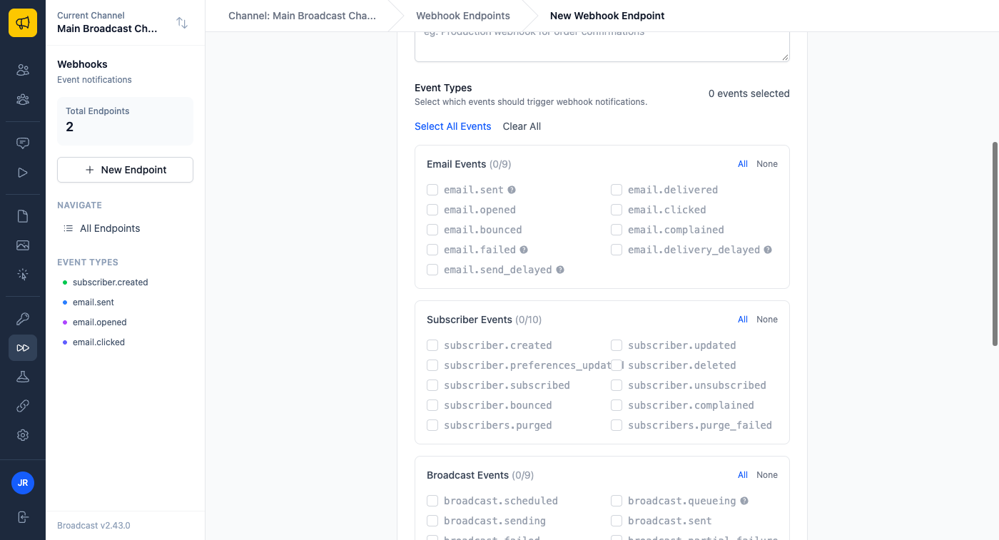 The Email Events list on the New Webhook Endpoint form in Broadcast, with the new email.send_delayed event under email.delivery_delayed.