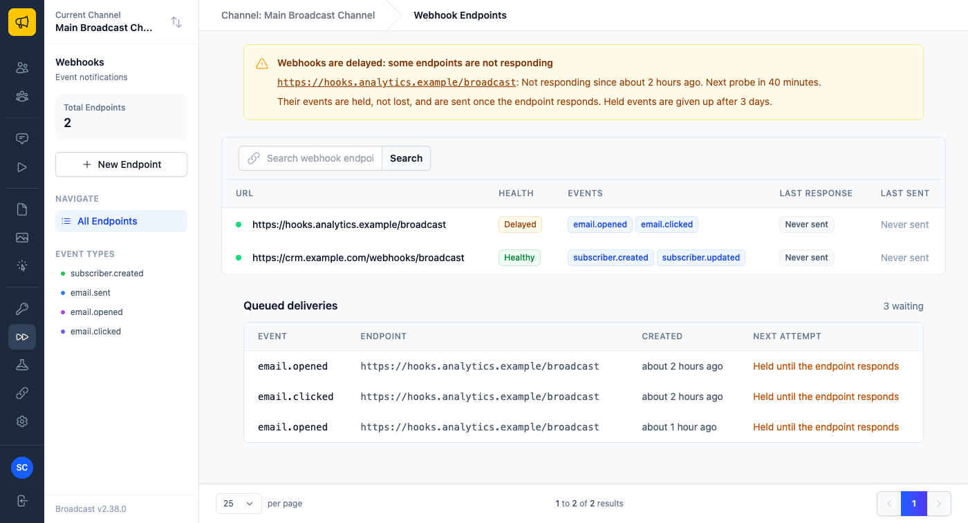 The Webhooks page with a banner saying some endpoints are not responding, a Delayed badge next to one endpoint and a Healthy badge next to another, and a Queued deliveries panel listing three held events