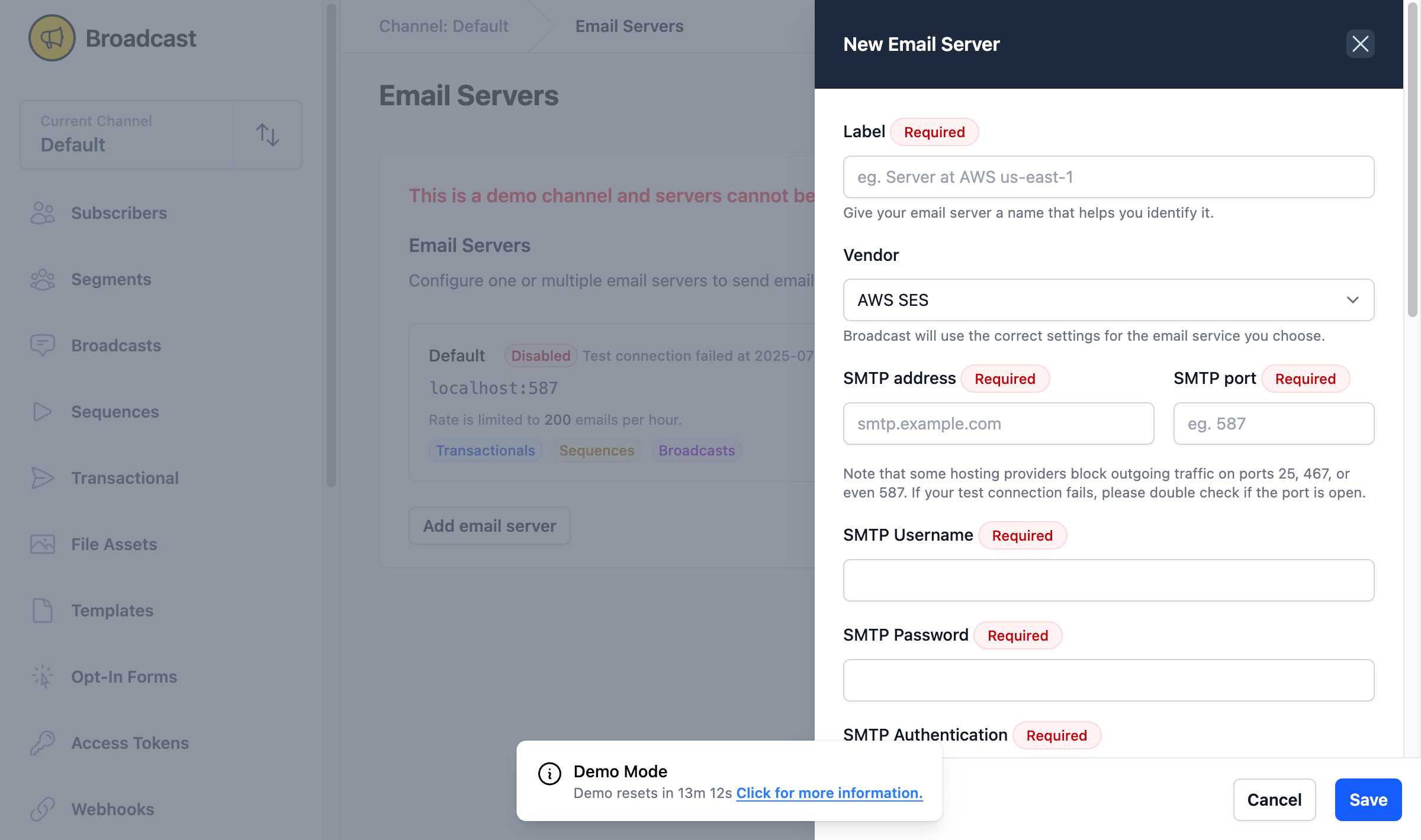 Email server configuration form with all available options including SMTP settings and email types