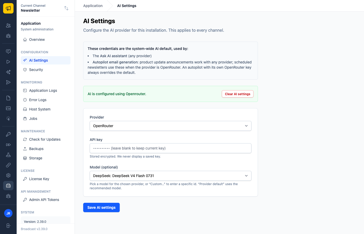 The AI Settings page with a provider dropdown, API key field, and model picker