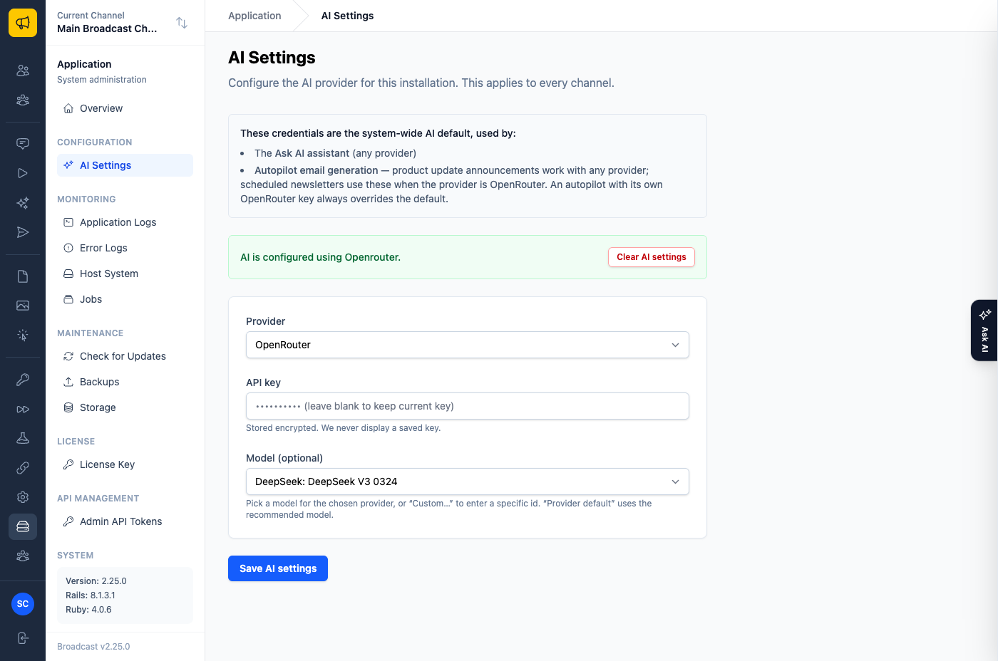 The AI Settings page showing the system-wide AI default usage card, the configured provider status with a Clear AI settings action, and the provider, API key and model form