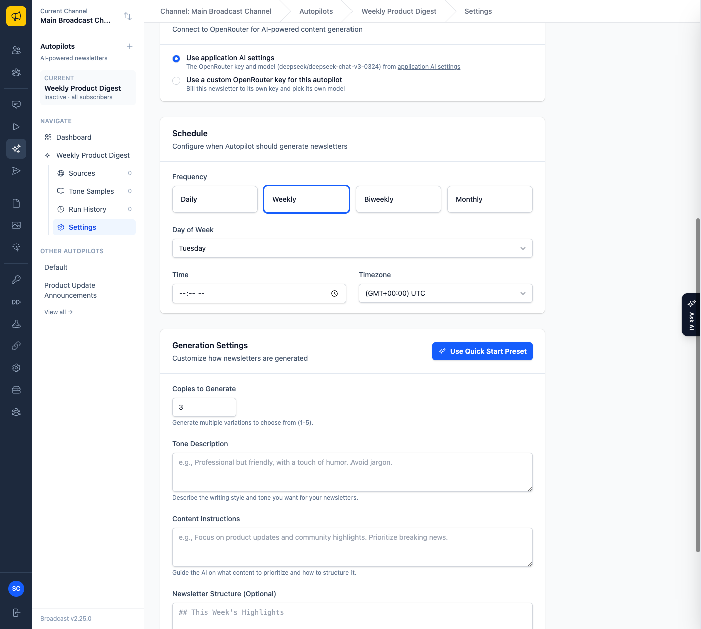 The API Configuration section with two radio options: Use application AI settings, showing the resolved OpenRouter model, and Use a custom OpenRouter key for this autopilot