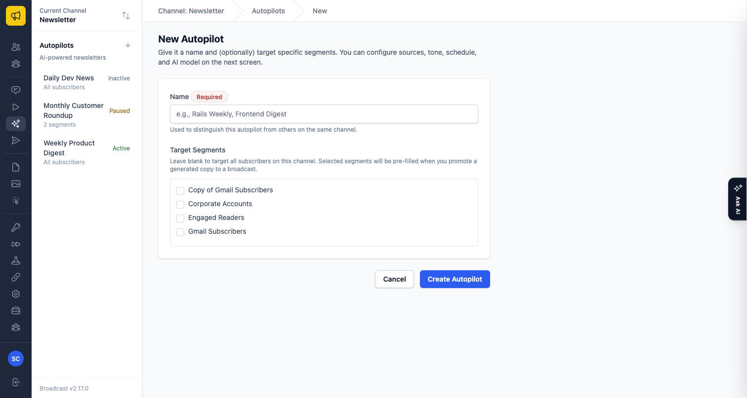 The New Autopilot form with a Name field and a Target Segments checkbox list