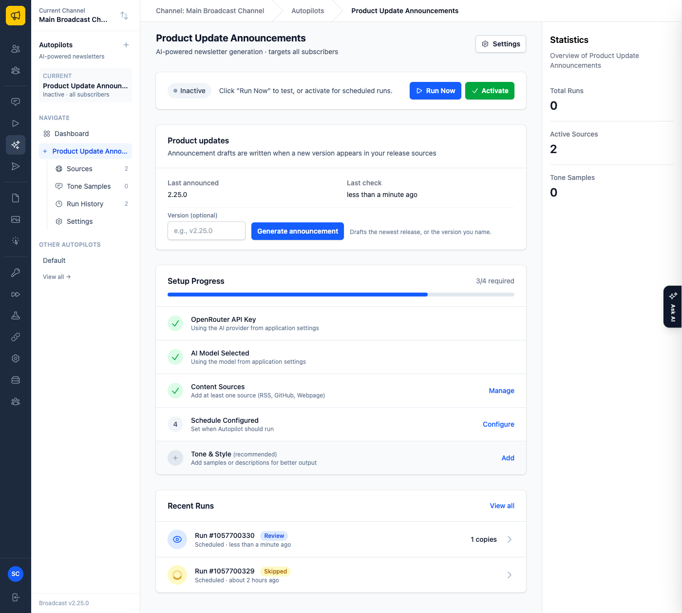 The Product updates card on an autopilot page showing Last announced 2.25.0, the last check result, and a Generate announcement form with an optional version field