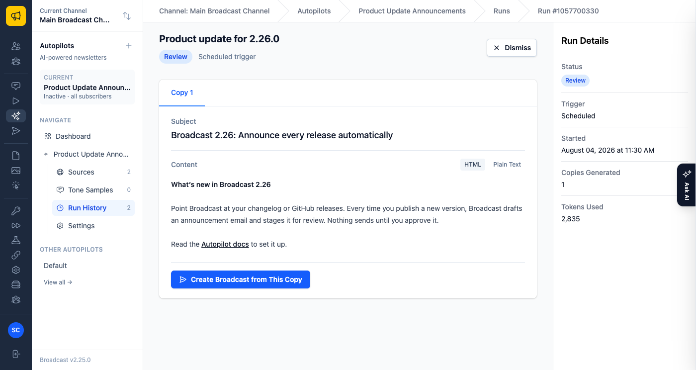 A release run in review titled Product update for 2.26.0, showing a drafted announcement copy with subject and content, a Create Broadcast from This Copy button, and a Dismiss action in the header