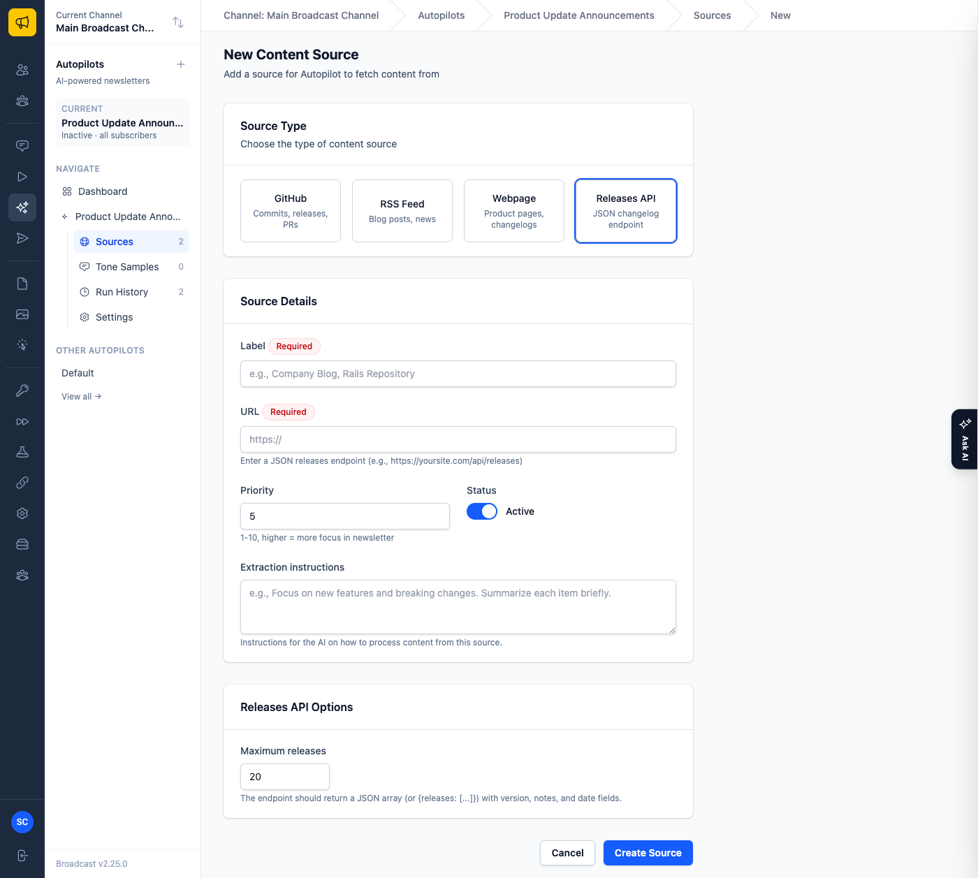 The source form with the Releases API card selected among GitHub, RSS Feed and Webpage, showing the URL field with a JSON endpoint hint and the Releases API Options