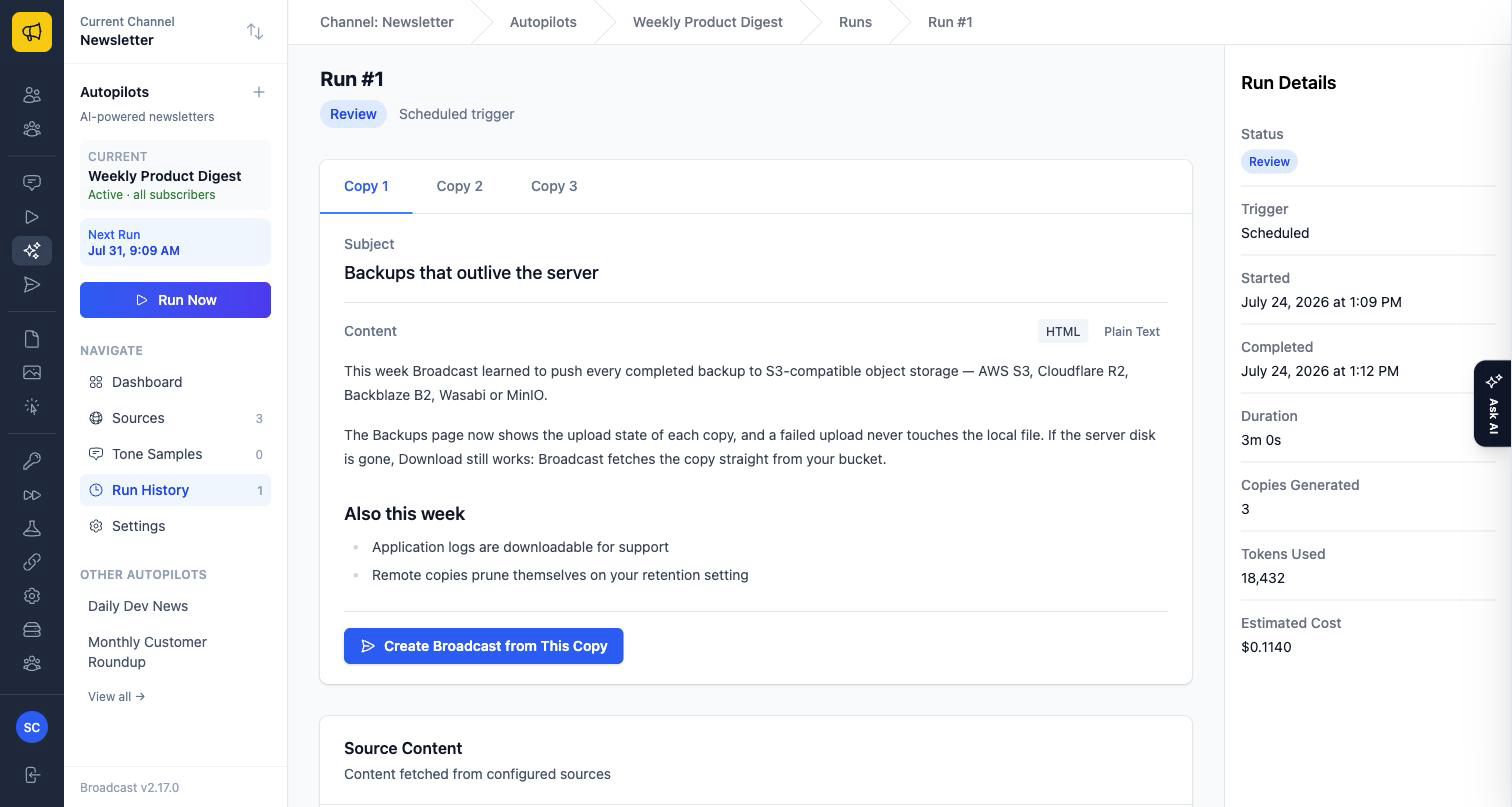 An Autopilot run in Review, showing three generated copies and a Create Broadcast from This Copy action