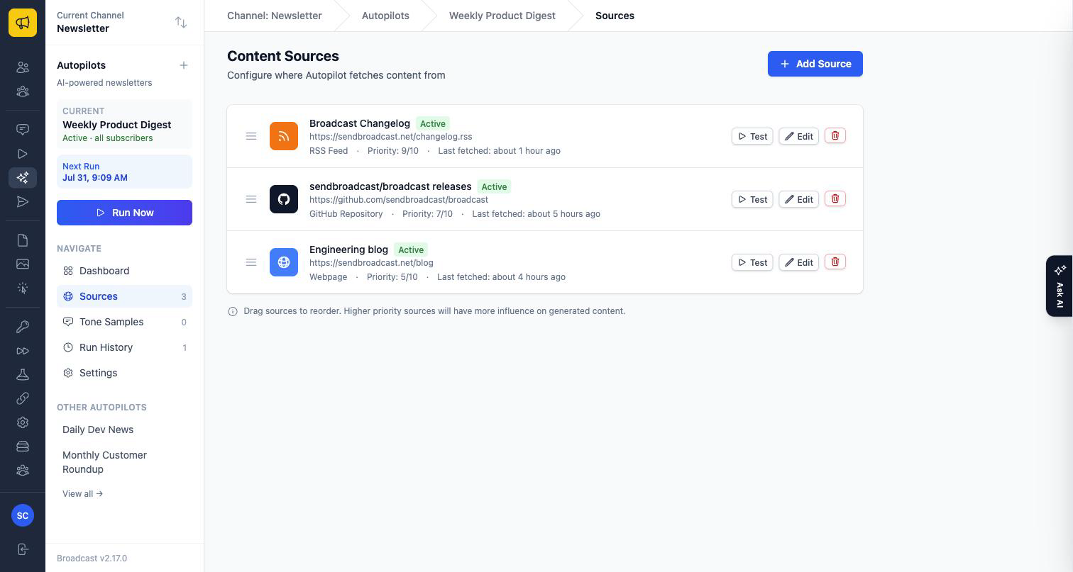 Autopilot content sources listing an RSS feed, a GitHub repository and a webpage, each with a priority and a Test action