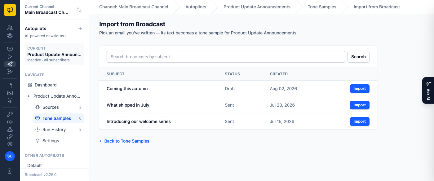 The Import from Broadcast page with a subject search field above a table of broadcasts, each row with an Import button