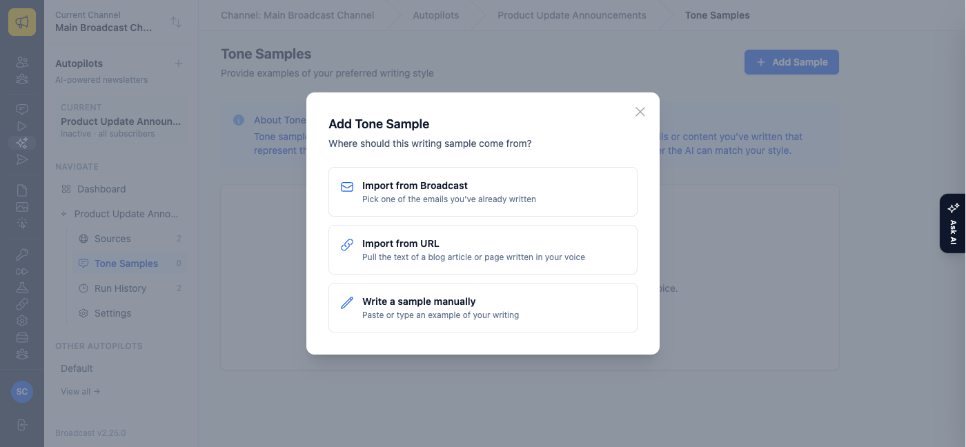 The Add Tone Sample chooser modal with three options: Import from Broadcast, Import from URL, and Write a sample manually