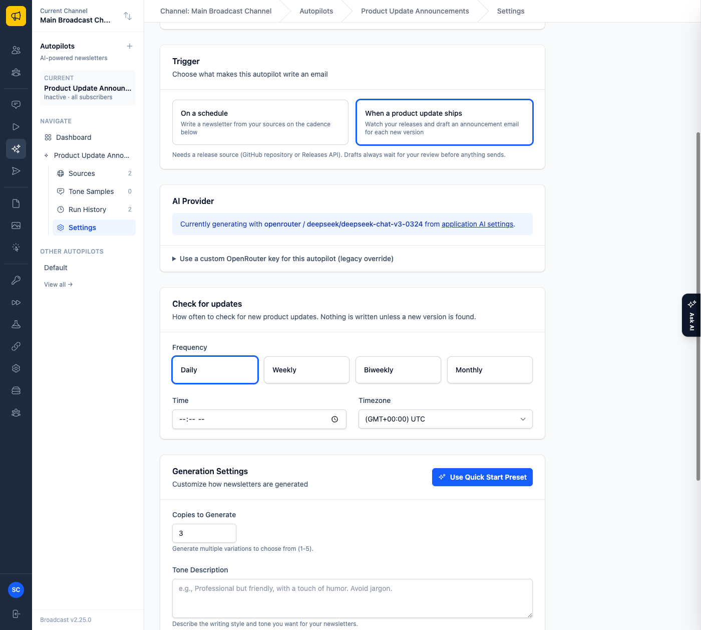 The Trigger picker with On a schedule and When a product update ships cards, above the AI Provider card showing the provider and model in use and the relabeled Check for updates schedule section