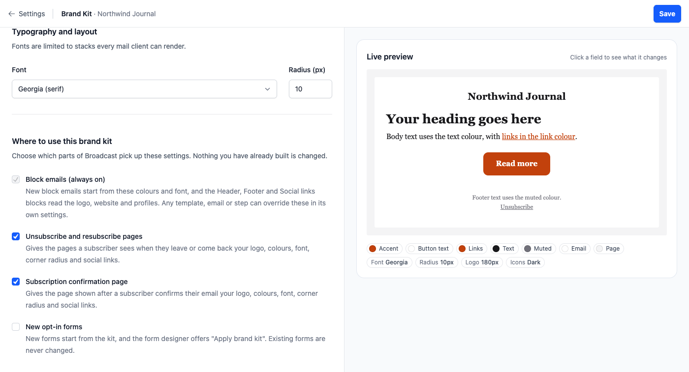 The brand kit settings with a live preview of an email in the brand colours and font