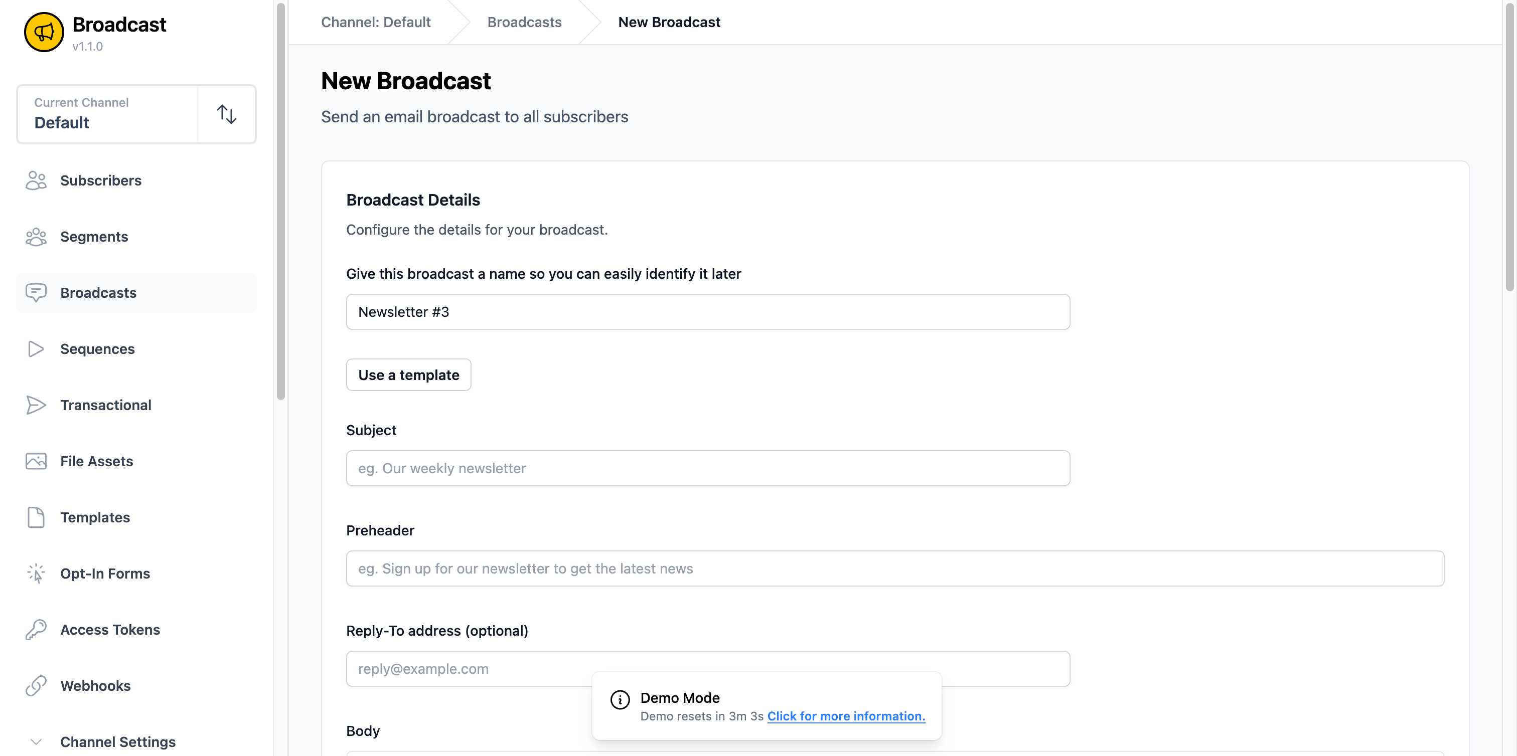 Broadcast creation form with all basic fields