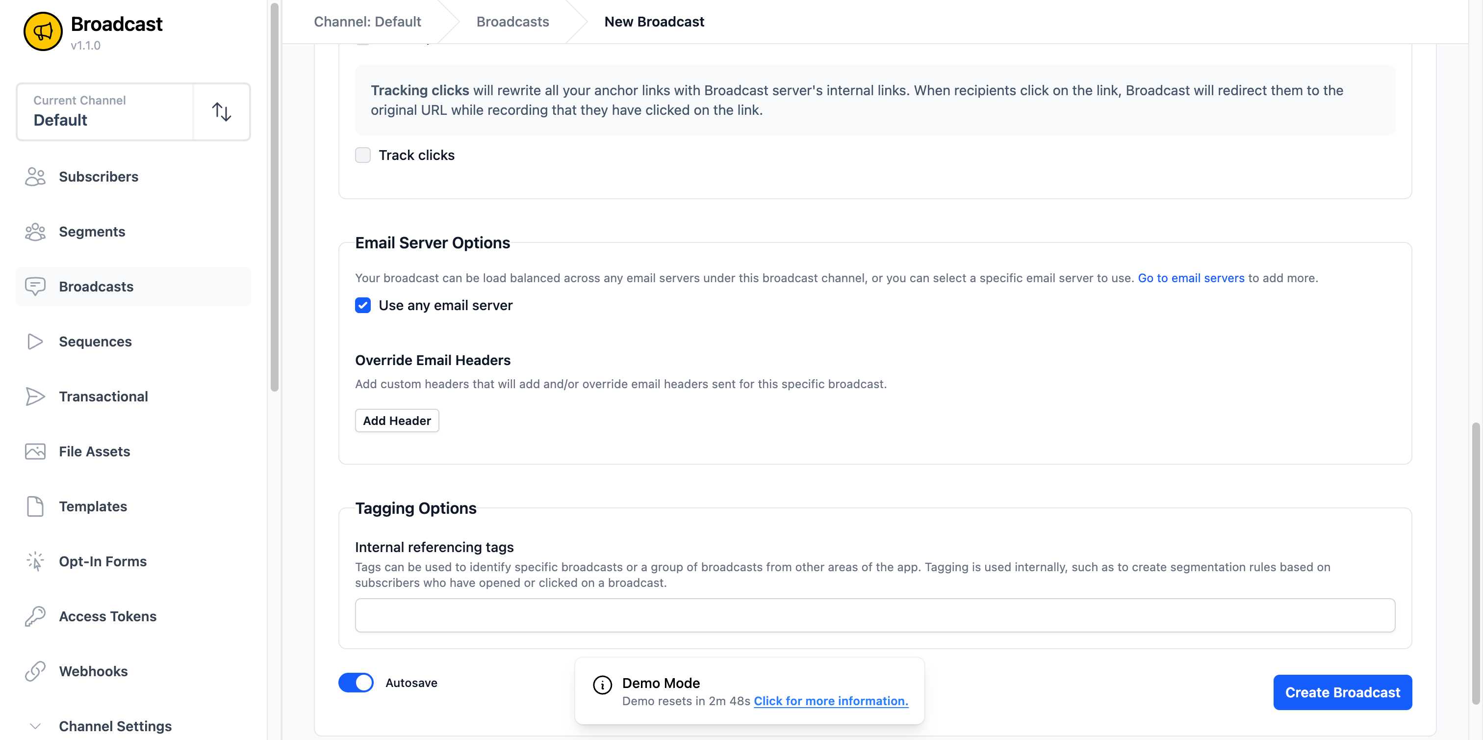 Advanced options including tracking, email servers, and tagging