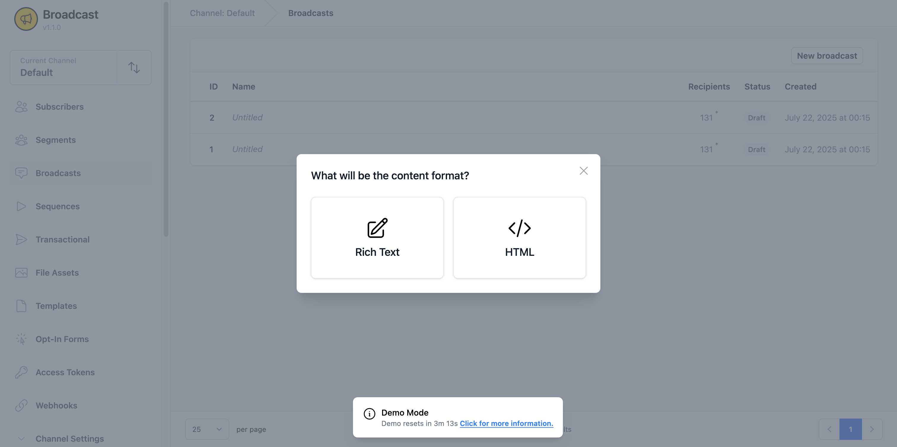 Content format selection modal showing Rich Text and HTML options