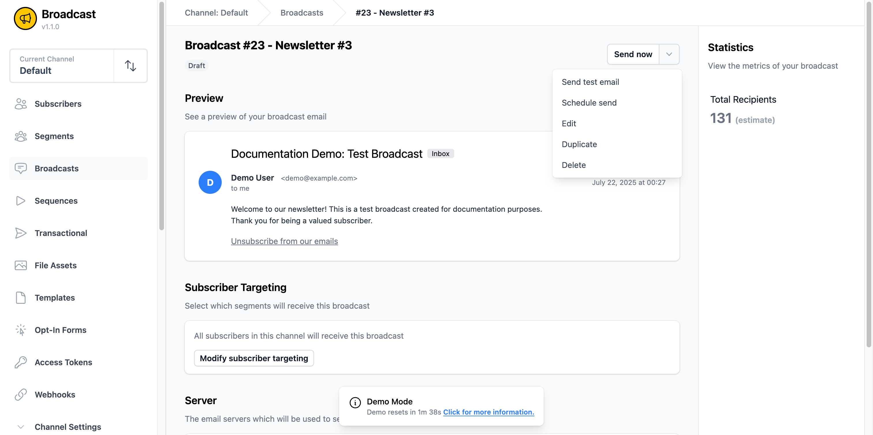 Broadcast options dropdown showing test and management options
