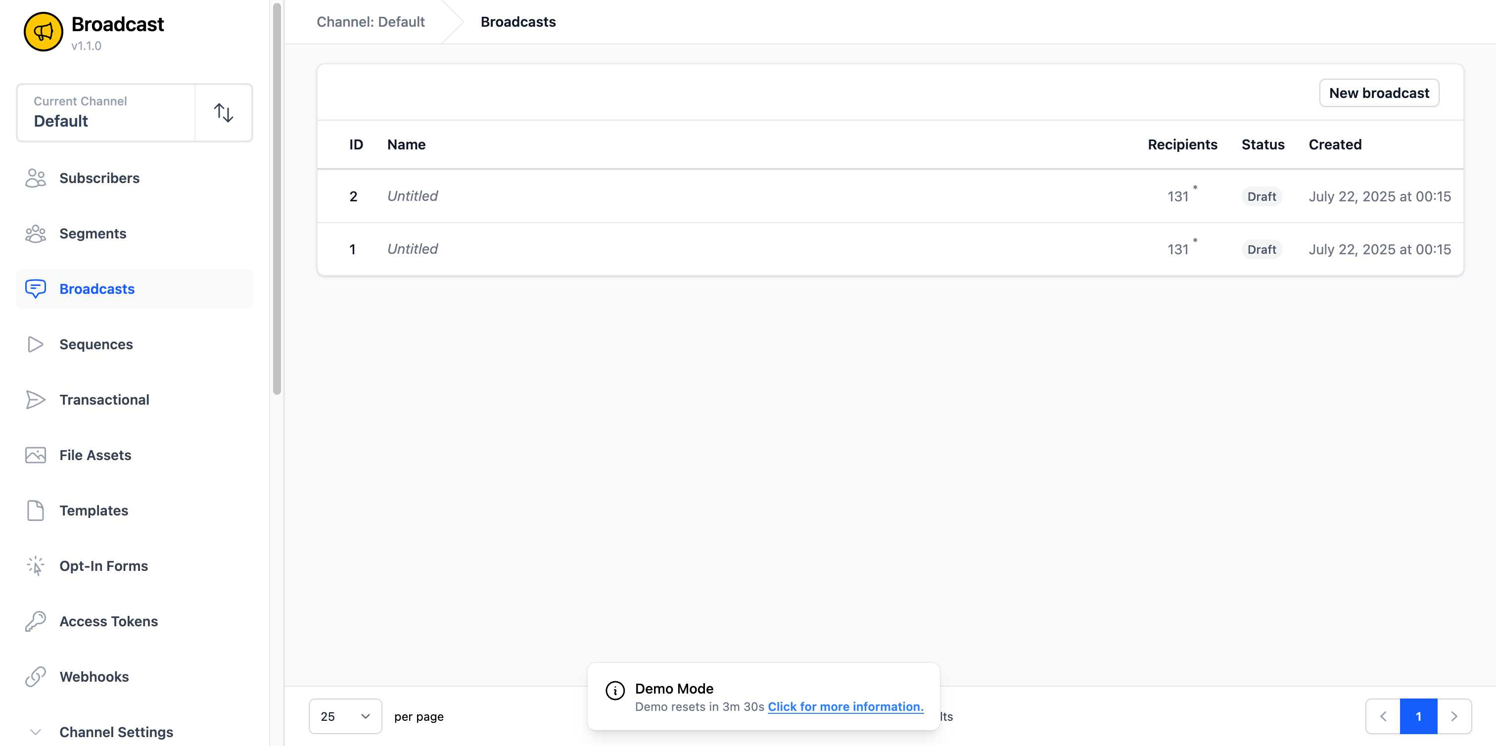 Broadcasts list page showing all email campaigns