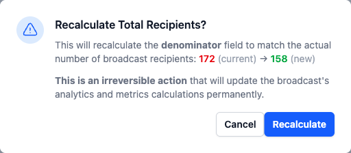 Recalculate Total Recipients confirmation showing the old and new values