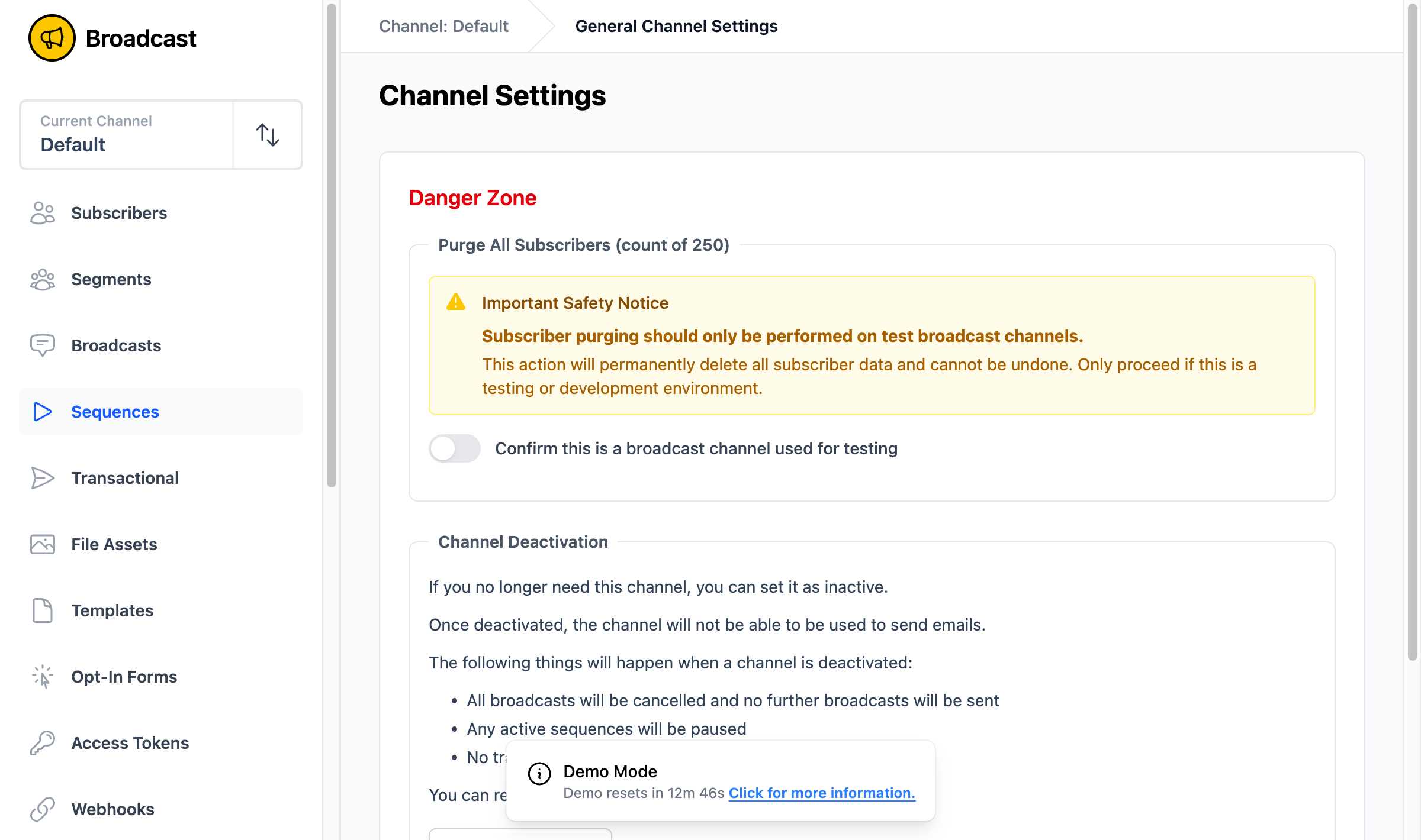 Channel general settings showing deactivation options and danger zone