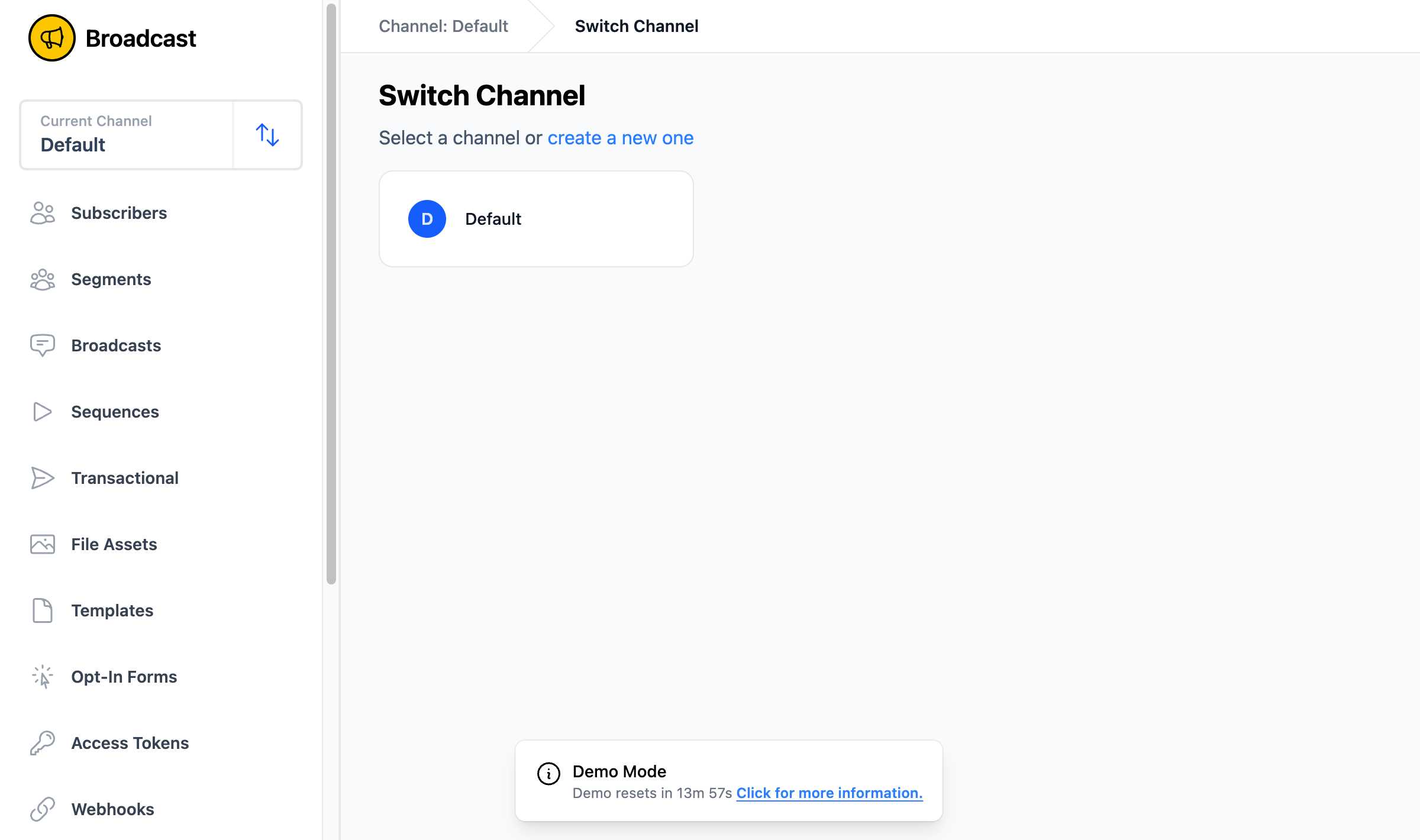 Channel switching interface showing existing channels and create new option