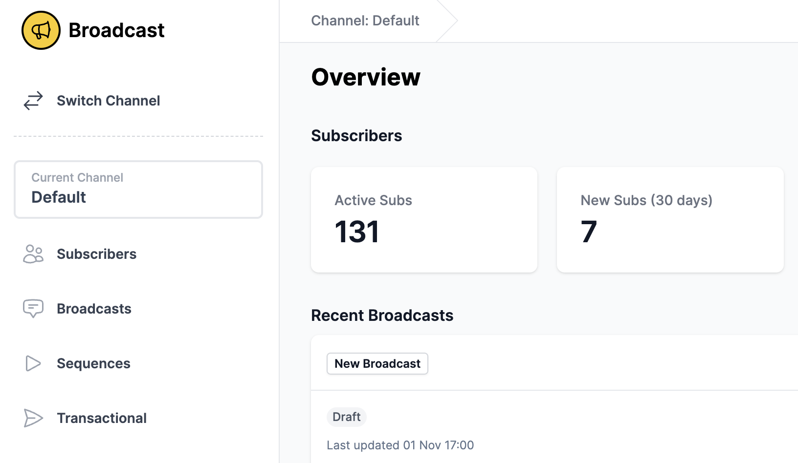 Channel overview showing subscriber statistics and recent broadcasts