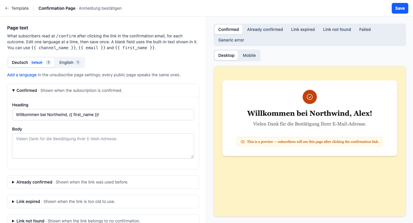 The Confirmation Page editor: Deutsch and English language tabs, the Confirmed outcome open with a custom heading, and on the right a live preview of the page with outcome tabs and Desktop and Mobile buttons