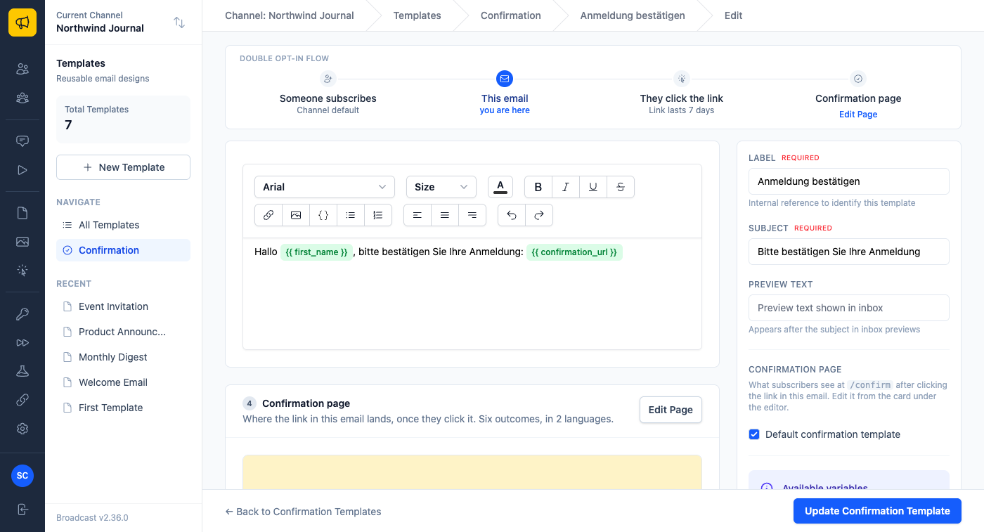 A confirmation template's edit screen with the double opt-in flow across the top (Someone subscribes, This email, They click the link with Link lasts 7 days, Confirmation page with an Edit Page link) and the Confirmation page card under the email editor