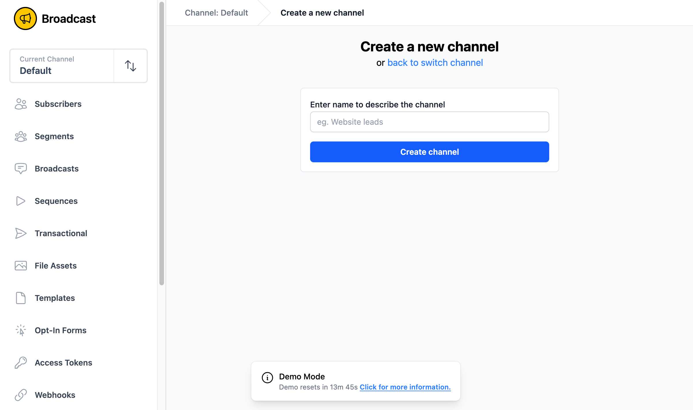 Create new channel form with name input field