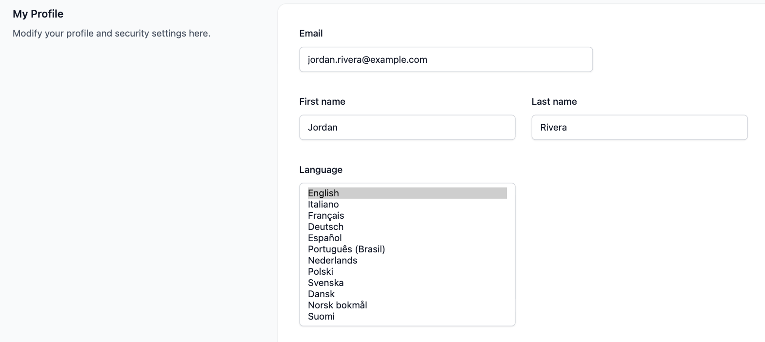 My Profile with the Language field expanded, listing English, Italiano, Français, Deutsch, Español, Português (Brasil), Nederlands, Polski, Svenska, Dansk, Norsk bokmål and Suomi
