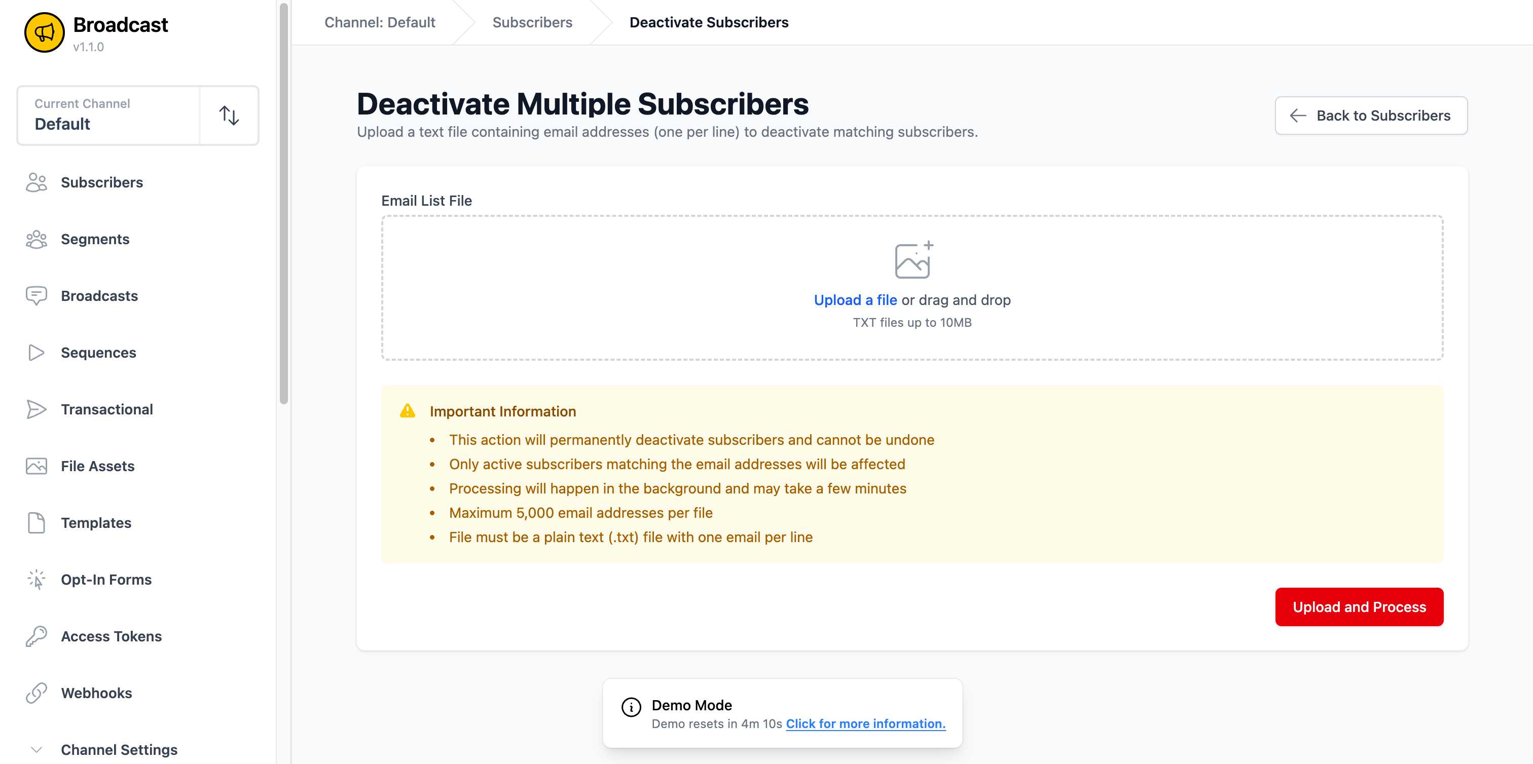 Mass deactivation upload interface
