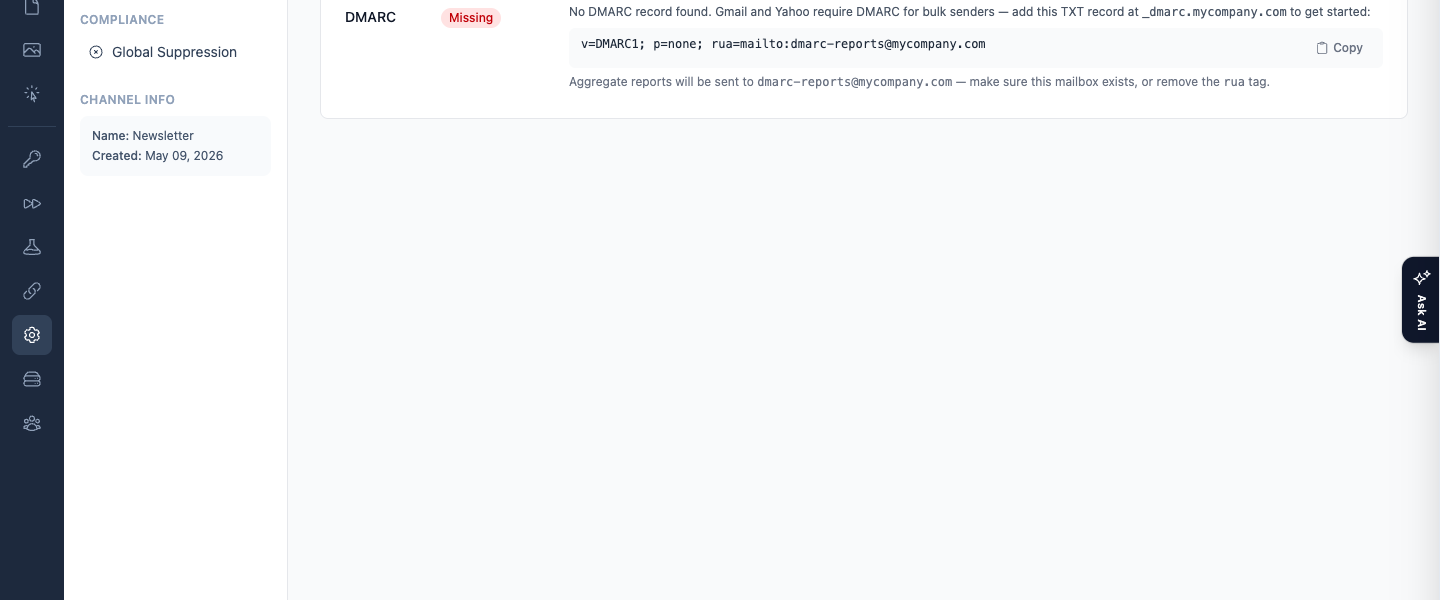 The Domain DNS Health page showing a domain card with SPF, DKIM, and DMARC rows, status badges, and Check all now button