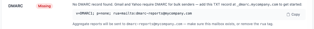 The DMARC row showing a Missing badge with a copy-to-clipboard suggested DMARC record and a note about aggregate reports