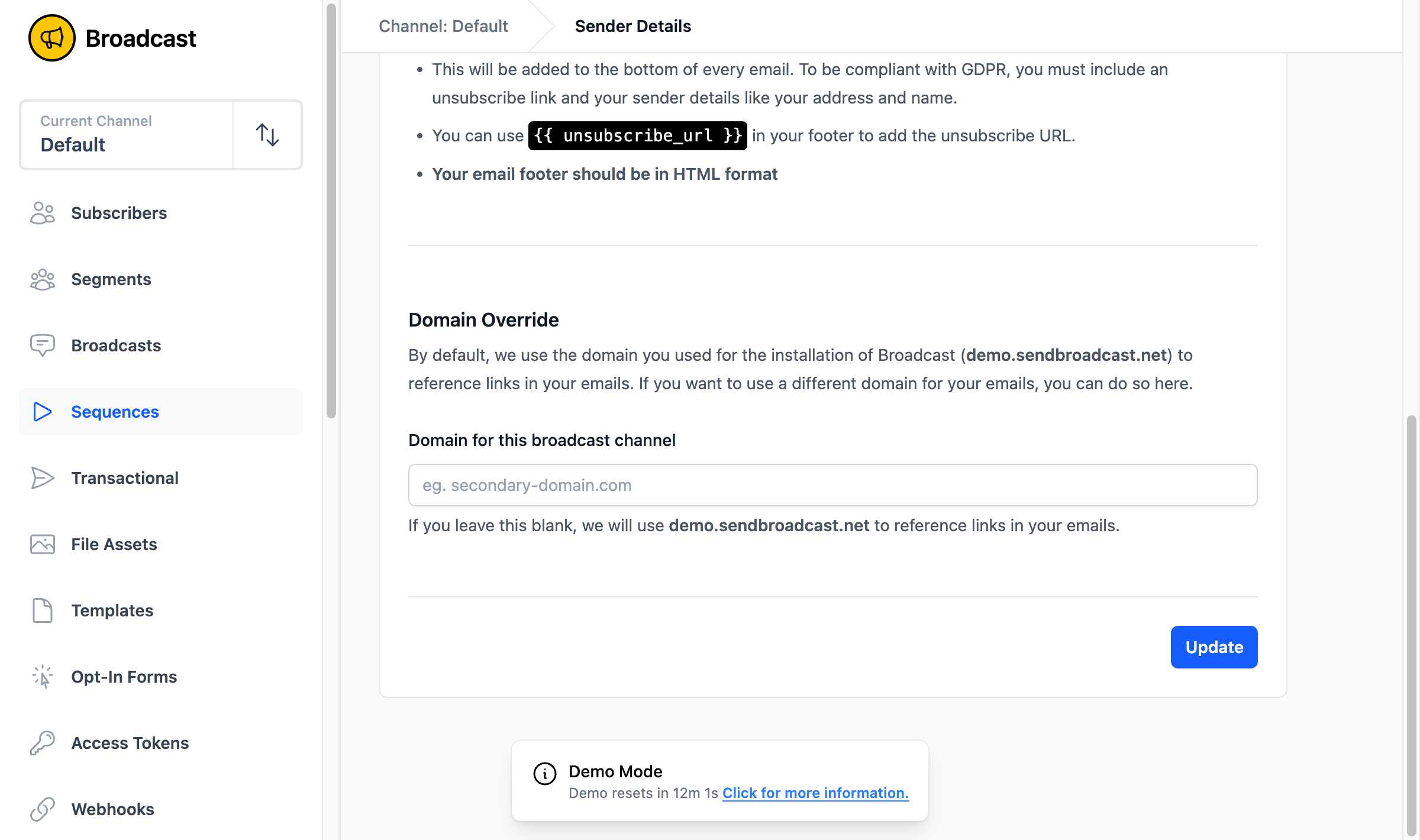 Domain Override configuration form showing how to set a custom domain for a broadcast channel