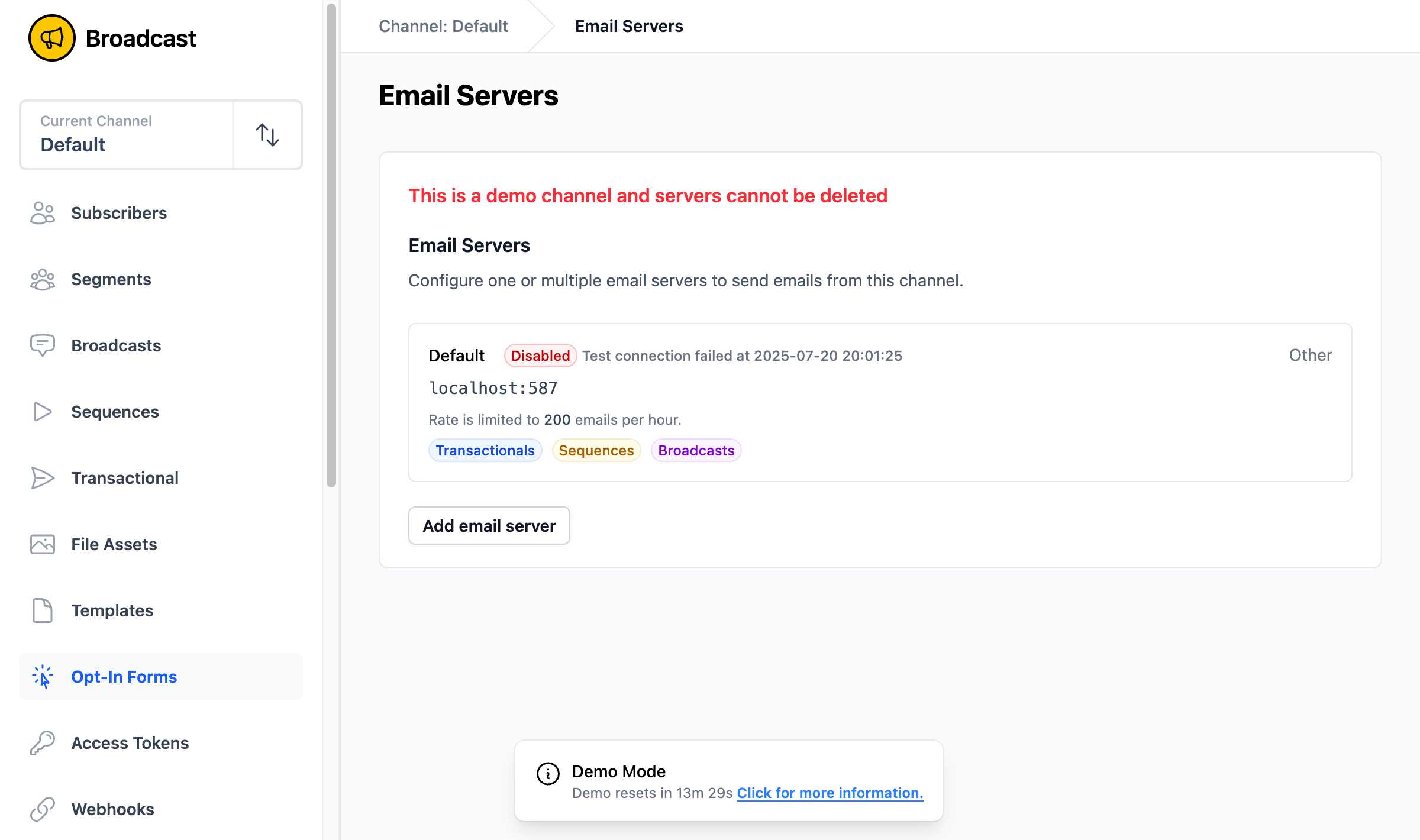 Email servers configuration page showing server list and add button