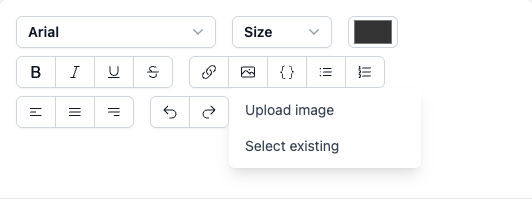 Composer toolbar with the image menu open showing Upload image and Select existing