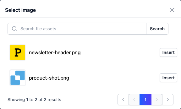 Select image dialog listing uploaded files with Insert buttons