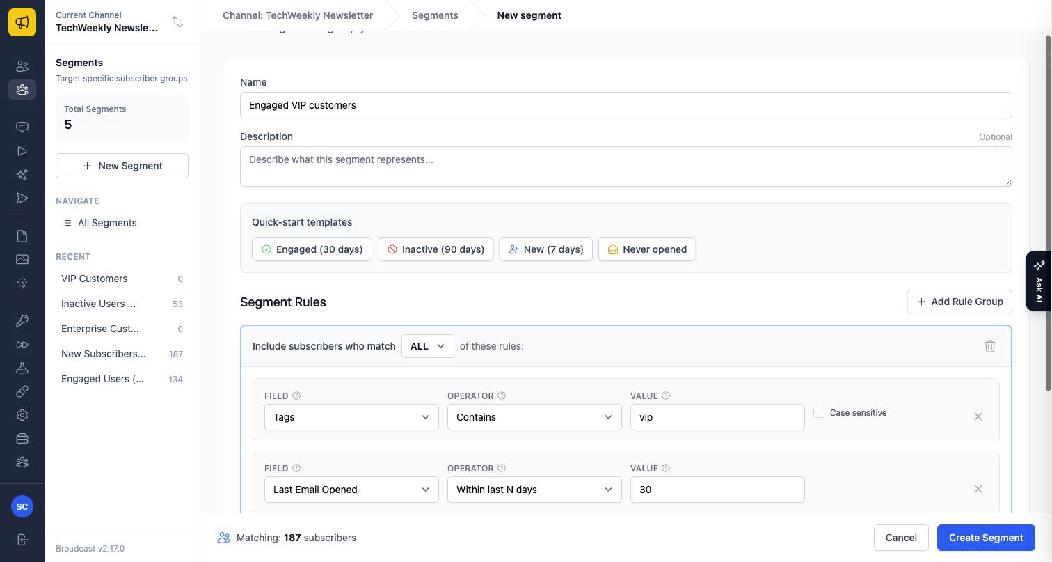 The segment rule builder combining a tag rule and an engagement rule with ALL, and a live count of matching subscribers