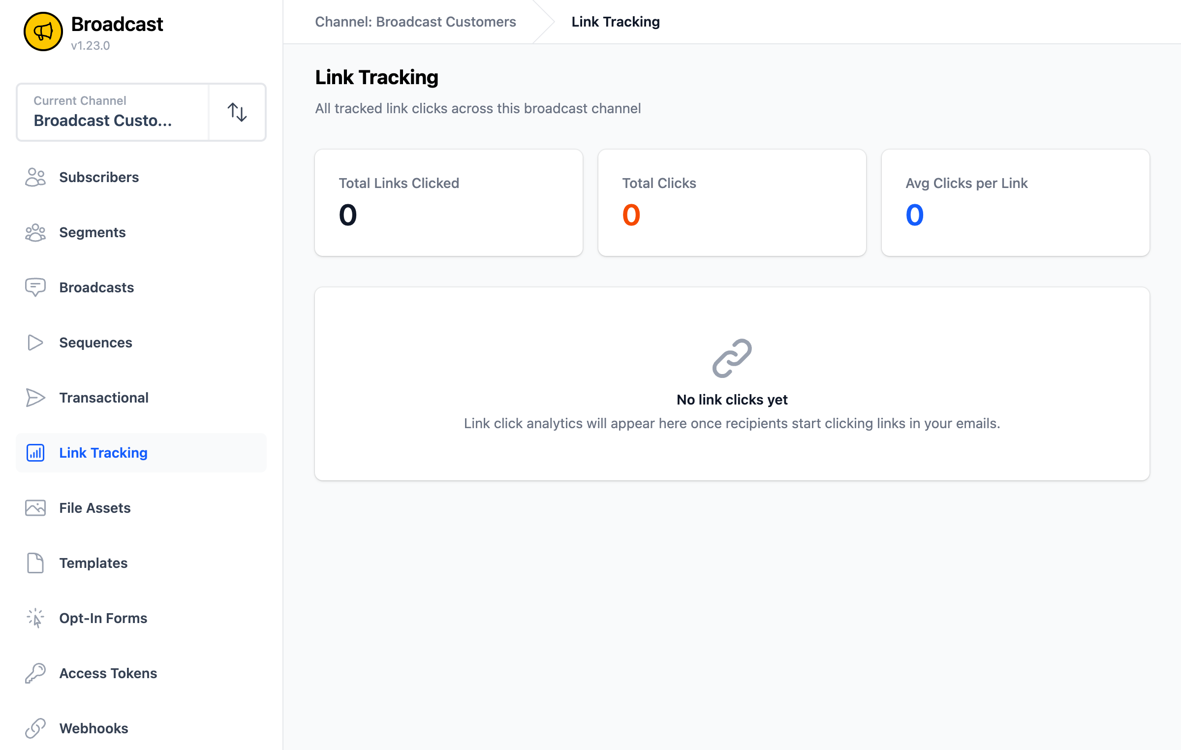 Link Tracking page showing click analytics overview