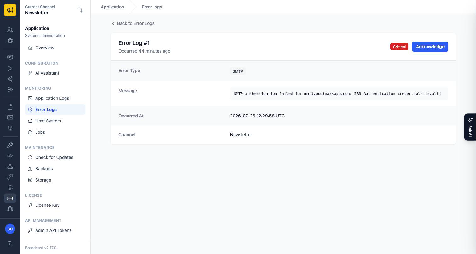 A single error log entry showing a Critical SMTP authentication failure with its full message, timestamp and channel