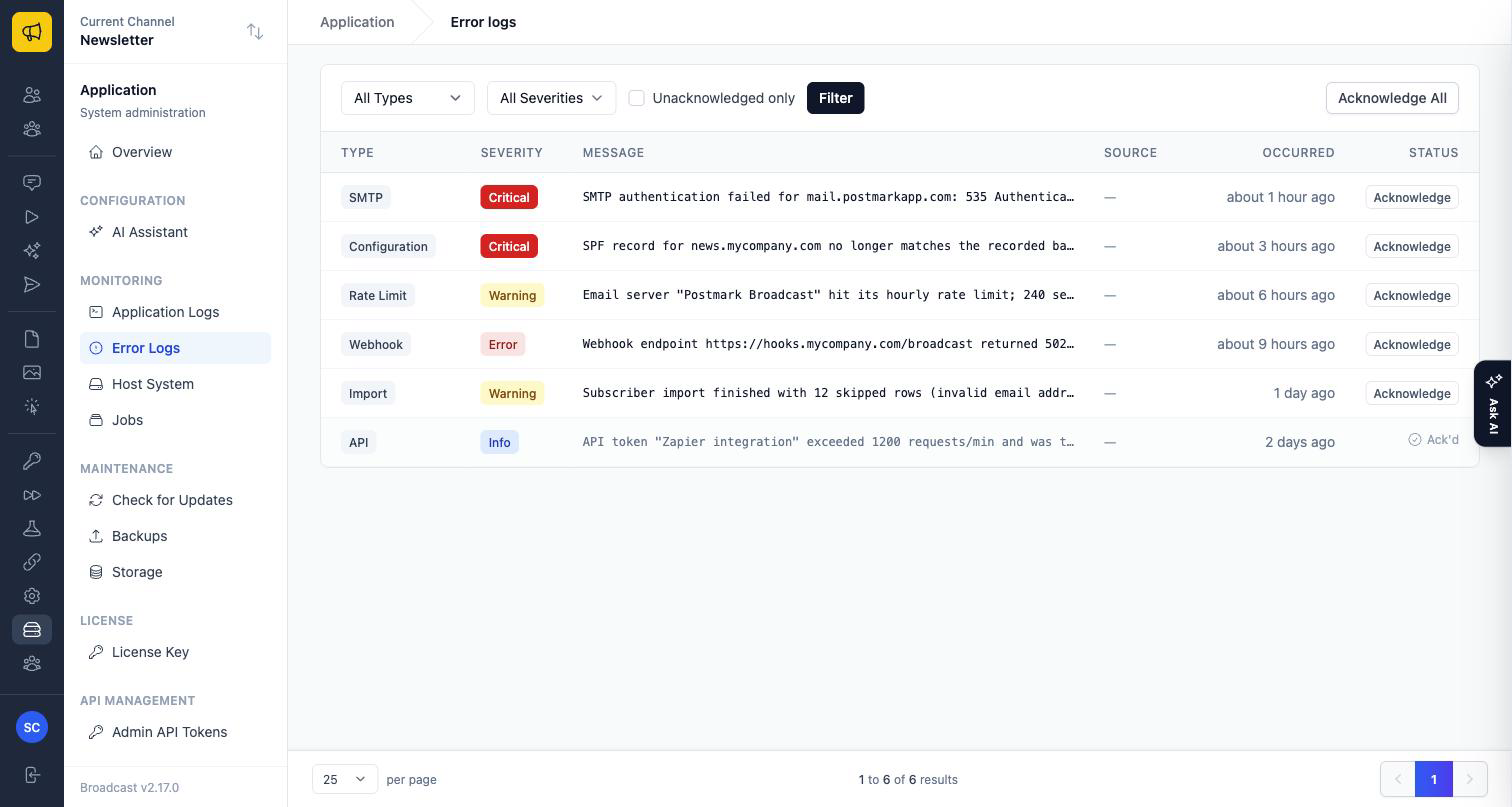 Error Logs table listing SMTP, Configuration, Rate Limit, Webhook, Import and API entries with severity badges and Acknowledge buttons